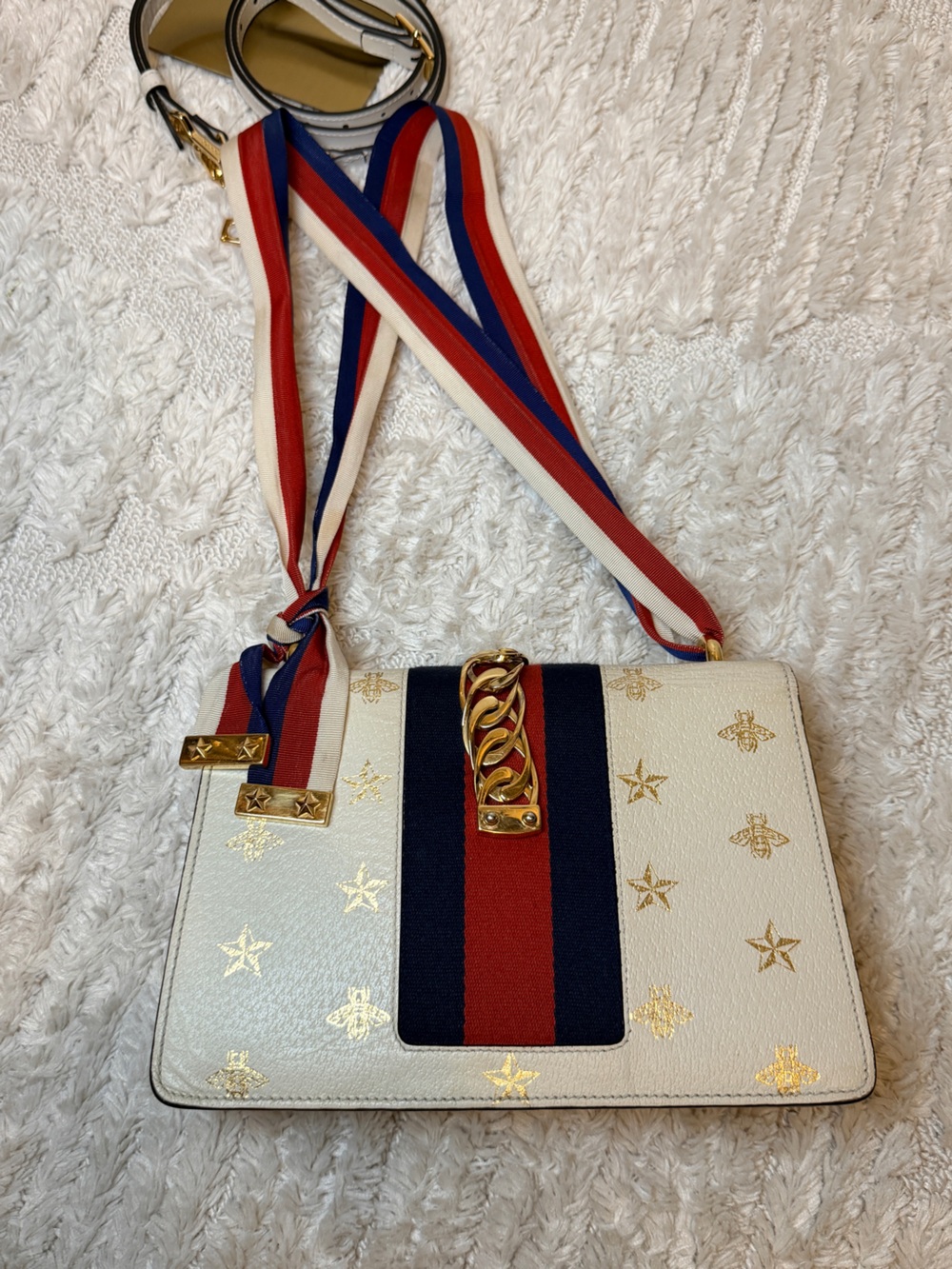 Gucci Sylvie Crossbody with Gold Star & Bee and Red-Blue Stripe strap - Picture 2 of 16